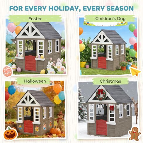 Qaba Outdoor Playhouse, Wooden Kids Playhouse with Dog Door, Kids Cottage with Flower Box, Cookware & Window for Backyard Garden, Indoor Playroom Imaginative Play for Ages 2+, Gray in Kuwait