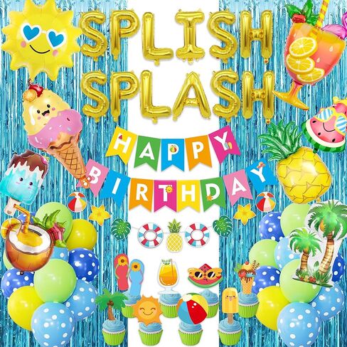 Ouddy Life Summer Pool Beach Party Decor، سبلاش سبلاش، زينة حفلات أعياد الميلاد، بالونات استوائية، لافتة كعكة علوية للأطفال، لوازم تزيين حفلات هاواي الاستوائية، مياه السباحة in Saudi Arabia