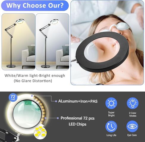 15X&10XMagnifying Glass with Light, Adjustable Arm Real 4.3" Glass Lens LED Magnifying Glasses and Extension Line Work,3 Color Modes Stepless Dimmable Lighted for Close Work,Hobbies Reading Work. in Saudi Arabia