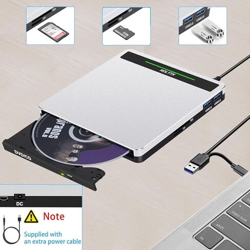 محرك أقراص CD/DVD خارجي من NOLYTH، ناسخ أقراص مضغوطة USB 3.0/USB C مع غطاء ألومنيوم كامل لمنافذ SD/TF/2 USB، مشغل DVD محمول +/-RW لأجهزة الكمبيوتر المحمول وأجهزة الكمبيوتر المكتبية وأجهزة Mac Windows Linux OS in Saudi Arabia