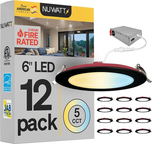NUWATT 12 حزمة، 6 بوصة 2 ساعة إضاءة LED مجوفة، يمكن اختيارها 2700K/3000K/3500K/4000K/5000K، 1200 لومن، مصابيح ويفر قابلة للتعتيم، تصنيف IC، ضوء سقف LED أسود بدون غطاء، لا حاجة إلى Tenmat in Kuwait