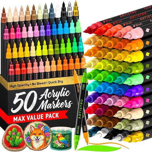 ARTISTRO 100 Dual Tip Acrylic Paint Markers, Paint Pens, Drawing Markers for Textile, Rock, Glass, Wood, Paper, Ceramic, Canvas, DIY - Art Supplies Kit for Kids and Adults (Brush + Fine) in Kuwait