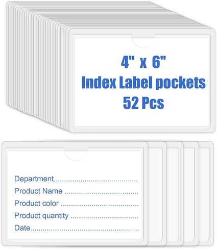 52PCS Clear Index Card Pockets Self-Adhesive 3"X5" Top Open Label Holder, Premium Storage Bin Label Waterproof Plastic Removable for Library&Office&Classroom Organization in Kuwait
