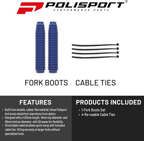 Polisport Universal Fork Boots Enduro، طول 430 مم × 41 مم علوي × 58 مم سفلي، مادة متينة تشبه المطاط، زوج للموتوكروس والدراجات النارية على الطرق الوعرة، أزرق in Kuwait