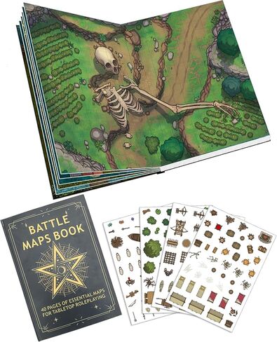 DND Battle Map Book – 40 Reusable Wet/Dry Erase Mats, 200+ Scenery Decals, 1" Grid & Lay-Flat Binding for Tabletop RPG Campaigns in Kuwait