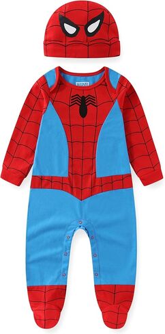 طقم رومبير وقبعة بأكمام طويلة للأولاد من Marvel Spiderman لحديثي الولادة والرضع - أزرق/أحمر in Kuwait