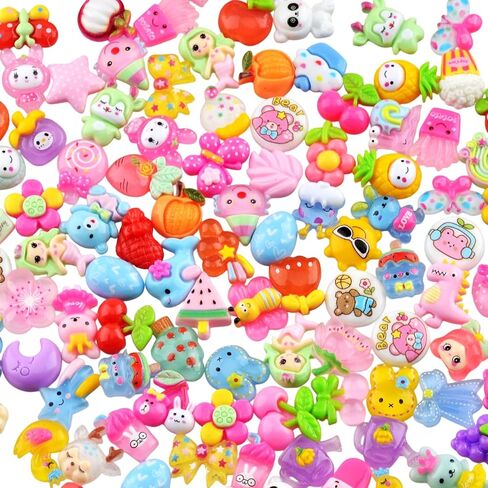 سحر الراتنج للحرف اليدوية 100 قطعة Kawaii لطيف مسطح الظهر الوحل السحر السائبة صغيرة صغيرة أكريليك ثلاثية الأبعاد حلية فك التشفير المسطحة لمشابك الشعر DIY، سجل القصاصات والزينة (مختلط) in Kuwait