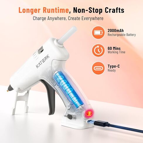 Katerk 3.7V Cordless Hot Glue Gun Kit, 90s Fast Heating, Mini Glue Gun with 15 Glue Sticks, USB-C Rechargeable with 2000mAh Built-in Battery, Ideal for DIY, Gift Making,School Crafts & Repairs (White) in Kuwait