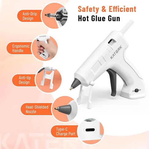 Katerk 3.7V Cordless Hot Glue Gun Kit, 90s Fast Heating, Mini Glue Gun with 15 Glue Sticks, USB-C Rechargeable with 2000mAh Built-in Battery, Ideal for DIY, Gift Making,School Crafts & Repairs (White) in Kuwait