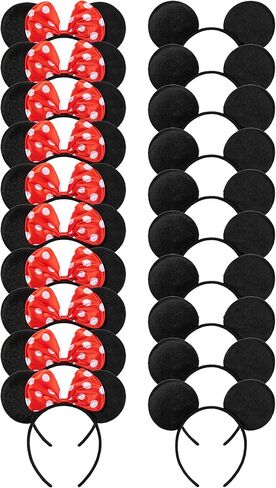 CHuangQi 20 pcs Mouse Ears Headbands Solid Black Ears & Polka Dots Red Bow, Boys & Girls Birthday Party Supplies in Kuwait