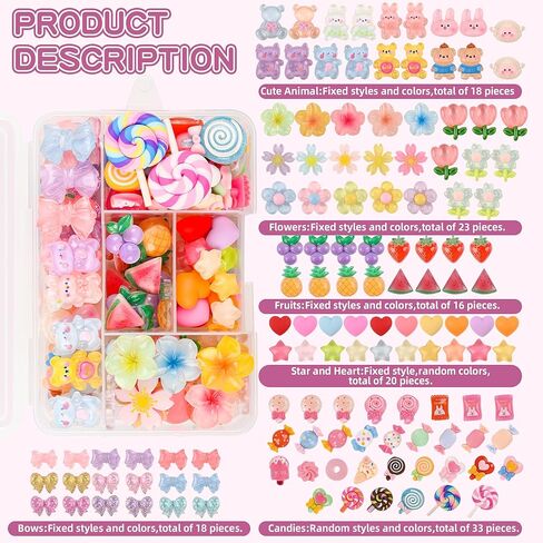 128PCS Cute Resin Charms Kawaii Flatback Resin Animals Flowers Candy Charm Embellishments for Slime Phone Junk Cases,Scrapbooking Crafts & DIY Decoration in Kuwait