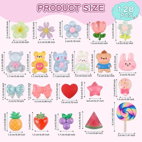 128PCS Cute Resin Charms Kawaii Flatback Resin Animals Flowers Candy Charm Embellishments for Slime Phone Junk Cases,Scrapbooking Crafts & DIY Decoration in Kuwait
