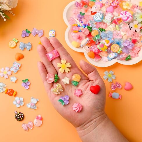 128PCS Cute Resin Charms Kawaii Flatback Resin Animals Flowers Candy Charm Embellishments for Slime Phone Junk Cases,Scrapbooking Crafts & DIY Decoration in Kuwait