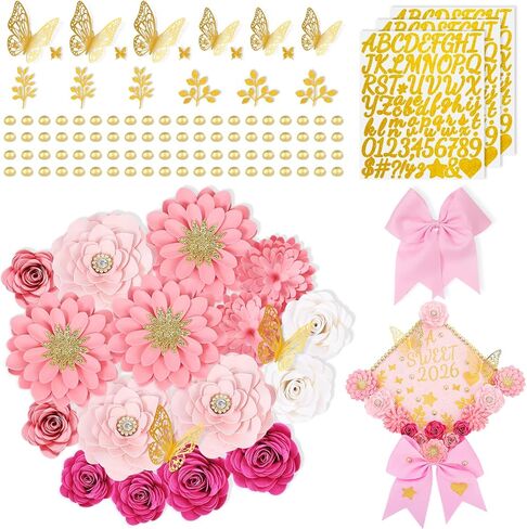 Mverse Graduation Cap Decorations Kit 2026-3D Paper Flowers & Gold Butterflies for Grad Cap Topper - DIY Flower Stickers, Glitter Letters & Pearls for Crafts & Shadow Box (Pink) in Kuwait