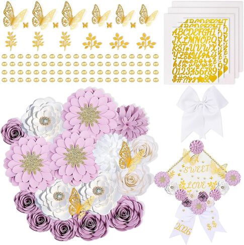 Mverse Graduation Cap Decorations Kit 2026-3D Paper Flowers & Gold Butterflies for Grad Cap Topper - DIY Flower Stickers, Glitter Letters & Pearls for Crafts & Shadow Box (Pink) in Kuwait