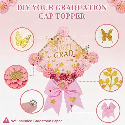 Mverse Graduation Cap Decorations Kit 2026-3D Paper Flowers & Gold Butterflies for Grad Cap Topper - DIY Flower Stickers, Glitter Letters & Pearls for Crafts & Shadow Box (Pink) in Kuwait