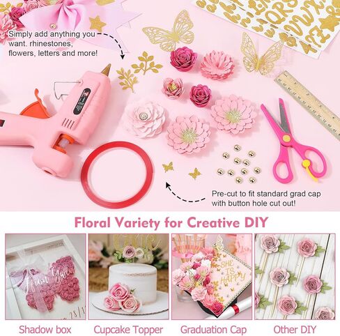 Mverse Graduation Cap Decorations Kit 2026-3D Paper Flowers & Gold Butterflies for Grad Cap Topper - DIY Flower Stickers, Glitter Letters & Pearls for Crafts & Shadow Box (Pink) in Kuwait