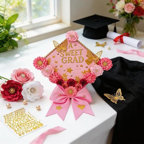 Mverse Graduation Cap Decorations Kit 2026-3D Paper Flowers & Gold Butterflies for Grad Cap Topper - DIY Flower Stickers, Glitter Letters & Pearls for Crafts & Shadow Box (Pink) in Kuwait