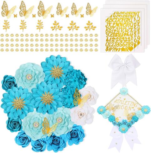 Mverse Graduation Cap Decorations Kit 2026-3D Paper Flowers & Gold Butterflies for Grad Cap Topper - DIY Flower Stickers, Glitter Letters & Pearls for Crafts & Shadow Box (Pink) in Kuwait