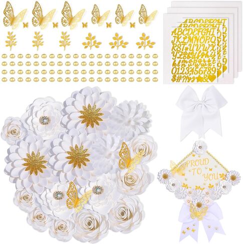 Mverse Graduation Cap Decorations Kit 2026-3D Paper Flowers & Gold Butterflies for Grad Cap Topper - DIY Flower Stickers, Glitter Letters & Pearls for Crafts & Shadow Box (Pink) in Kuwait