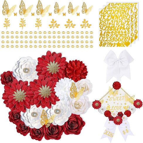 Mverse Graduation Cap Decorations Kit 2026-3D Paper Flowers & Gold Butterflies for Grad Cap Topper - DIY Flower Stickers, Glitter Letters & Pearls for Crafts & Shadow Box (Pink) in Kuwait