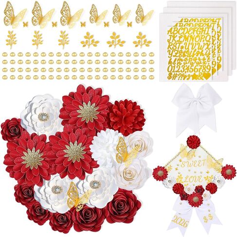 Mverse Graduation Cap Decorations Kit 2026-3D Paper Flowers & Gold Butterflies for Grad Cap Topper - DIY Flower Stickers, Glitter Letters & Pearls for Crafts & Shadow Box (Pink) in Kuwait