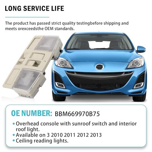 BBM6-69-970B-75 Overhead Console, The roof Console w/Dome Map Light & Sunroof Switch Fit for 2010-2013 Mazda 3, Cab Interior Ceiling Roof Reading Lamp Accessories BBM669970B75, No Down Lights in Kuwait