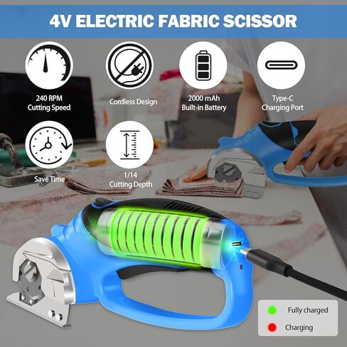 Cordless Electric Scissors, 4V Box Cutter & Cardboard Cutter with 2 Titanium Blades - Rotary Cutter with LED Light for Fabric, Leather, Carpet, Plastic, Crafting + Storage Case (Green) in Saudi Arabia