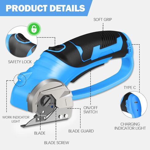 Cordless Electric Scissors, 4V Box Cutter & Cardboard Cutter with 2 Titanium Blades - Rotary Cutter with LED Light for Fabric, Leather, Carpet, Plastic, Crafting + Storage Case (Green) in Saudi Arabia