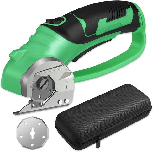 Cordless Electric Scissors, 4V Box Cutter & Cardboard Cutter with 2 Titanium Blades - Rotary Cutter with LED Light for Fabric, Leather, Carpet, Plastic, Crafting + Storage Case (Green) in Saudi Arabia