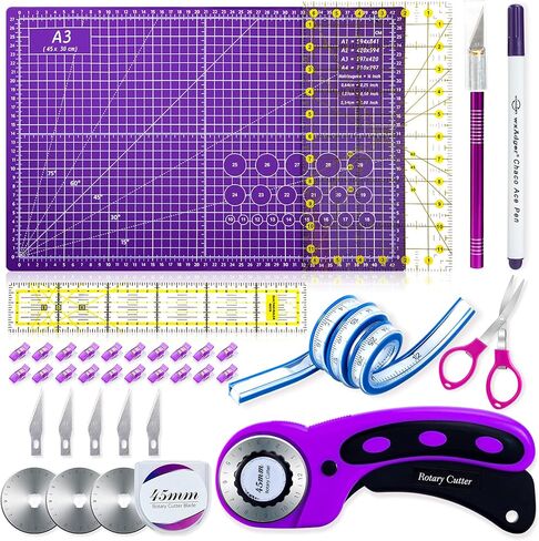Nicecho Rotary Cutter Set,Sewing Quilting Supplies,45mm Fabric Cutters,A3 Cutting Mat for Sewing,Acrylic Rulers,Scissors,Exacto Knife,Clips,Beginners Sewing Accessories,Fabric Cutter Kit in Kuwait
