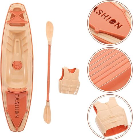 3-Piece Plastic Kayak Set – 7.65-inch Canoe Model Includes Paddles & Life Vests for Rowing Race Decoration, Office Table Décor, Realistic Plastic Boat for Fairy Garden & Home Décor (Brown) in Kuwait