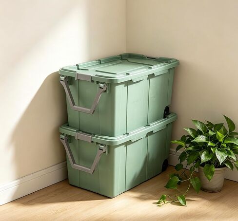 40-gallon plastic storage boxes with snap-on lids and handles, light green, 2-pack in Kuwait