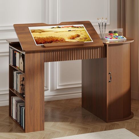 Drafting Table with Storage Cabinet & Drawers, Crafting Table with Open Shelves, Fluted Drawing Desk Computer Desk for Artists, Painters, Drawing, Crafting, Reading, Writing, Working in Kuwait