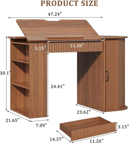 Drafting Table with Storage Cabinet & Drawers, Crafting Table with Open Shelves, Fluted Drawing Desk Computer Desk for Artists, Painters, Drawing, Crafting, Reading, Writing, Working in Kuwait