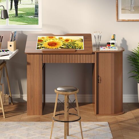 Drafting Table with Storage Cabinet & Drawers, Crafting Table with Open Shelves, Fluted Drawing Desk Computer Desk for Artists, Painters, Drawing, Crafting, Reading, Writing, Working in Kuwait