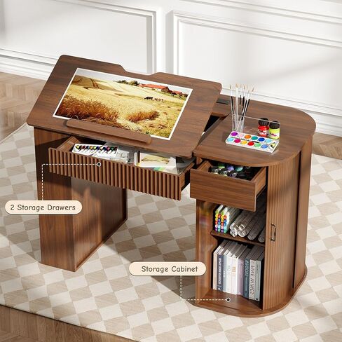 Drafting Table with Storage Cabinet & Drawers, Crafting Table with Open Shelves, Fluted Drawing Desk Computer Desk for Artists, Painters, Drawing, Crafting, Reading, Writing, Working in Kuwait