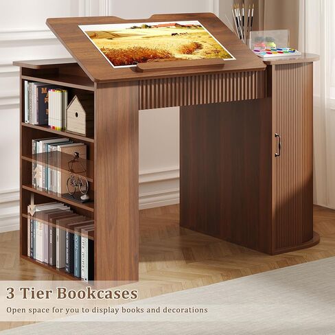Drafting Table with Storage Cabinet & Drawers, Crafting Table with Open Shelves, Fluted Drawing Desk Computer Desk for Artists, Painters, Drawing, Crafting, Reading, Writing, Working in Kuwait