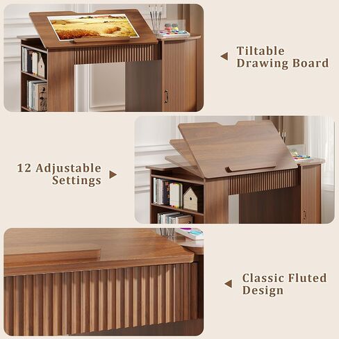 Drafting Table with Storage Cabinet & Drawers, Crafting Table with Open Shelves, Fluted Drawing Desk Computer Desk for Artists, Painters, Drawing, Crafting, Reading, Writing, Working in Kuwait