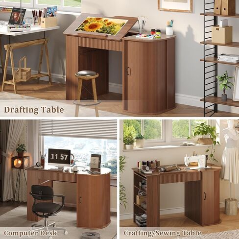 Drafting Table with Storage Cabinet & Drawers, Crafting Table with Open Shelves, Fluted Drawing Desk Computer Desk for Artists, Painters, Drawing, Crafting, Reading, Writing, Working in Kuwait