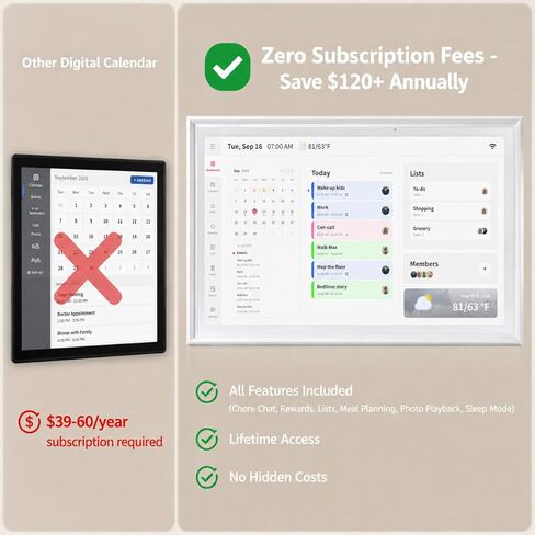15.6" Smart Digital Calendar | No Subscription | Family Command Center Wall Planner with Chore Chart & Meal Planning | Real-time Sync | HD Touchscreen Photo Frame | Gift for Parents in Kuwait