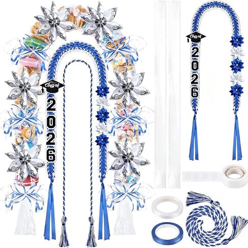 مجموعة من 2026 التخرج Lei Kit DIY Black Gold Candy Lei صنع اللوازم مع ملصقات غطاء زهرة ديكور الشريط الحبل للمدرسة الثانوية حفل الكلية حفلة لصالح الصورة الدعامة هدية (أزرق أبيض) in Kuwait