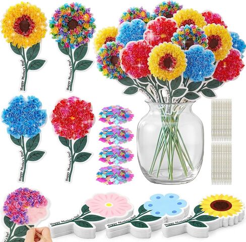 Breling 24 Sets Mother's Day Poke Art Craft Kit DIY Felt Flower Creative Crafts with Color Fabric Squares Punch Sticks Handmade Gifts for Mom from Daughter Son Mother's Day Gifts Home Activities in Kuwait
