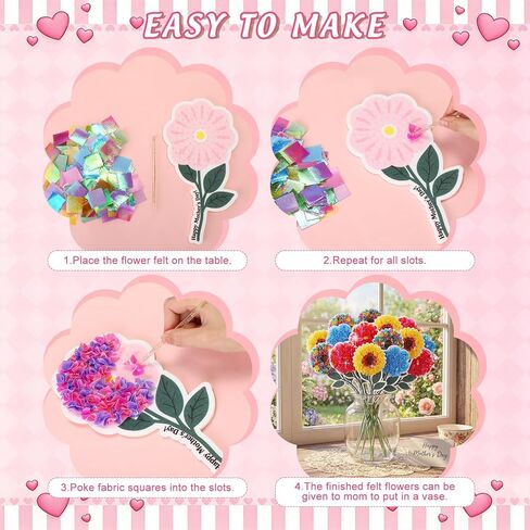 Breling 24 Sets Mother's Day Poke Art Craft Kit DIY Felt Flower Creative Crafts with Color Fabric Squares Punch Sticks Handmade Gifts for Mom from Daughter Son Mother's Day Gifts Home Activities in Kuwait