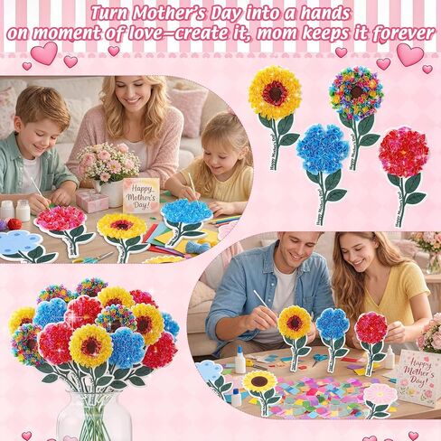 Breling 24 Sets Mother's Day Poke Art Craft Kit DIY Felt Flower Creative Crafts with Color Fabric Squares Punch Sticks Handmade Gifts for Mom from Daughter Son Mother's Day Gifts Home Activities in Kuwait