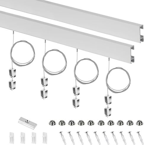Wall Mount Picture Gallery Hanging System, 2 x 9.8 ft White Aluminum Picture Rail, 4 x 5 ft Clear Picture Cords with T-end, 8 x Square Hooks, Connecting Rod, Heavy Duty Adjustable Displaying Artwork in Kuwait