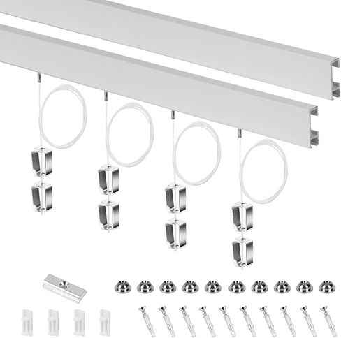 Wall Mount Picture Gallery Hanging System, 2 x 9.8 ft White Aluminum Picture Rail, 4 x 5 ft Clear Picture Cords with T-end, 8 x Square Hooks, Connecting Rod, Heavy Duty Adjustable Displaying Artwork in Saudi Arabia