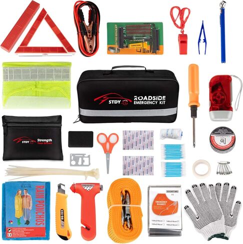 STDY Car Roadside Emergency Kit, Vehicle Truck Safety Road Side Assistance Kits Auto Accessory, with Jumper Cables, Tow Rope, Reflective Triangle, Tire Pressure Gauge, etc in Kuwait