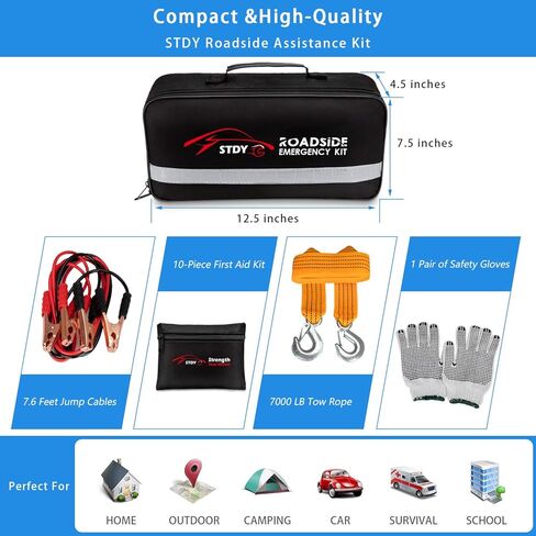 STDY Car Roadside Emergency Kit, Vehicle Truck Safety Road Side Assistance Kits Auto Accessory, with Jumper Cables, Tow Rope, Reflective Triangle, Tire Pressure Gauge, etc in Kuwait
