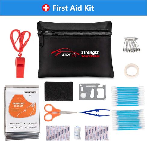 STDY Car Roadside Emergency Kit, Vehicle Truck Safety Road Side Assistance Kits Auto Accessory, with Jumper Cables, Tow Rope, Reflective Triangle, Tire Pressure Gauge, etc in Kuwait